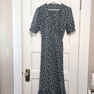 Green and white Floral Maxi  Wrap dress with a ruffle hem - M